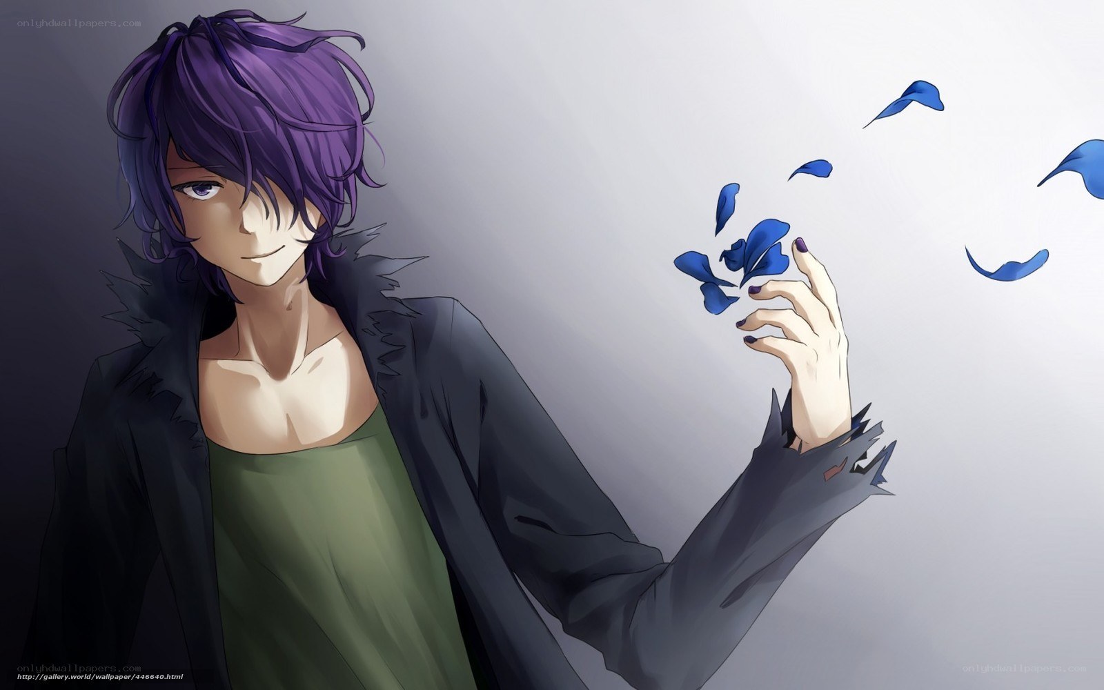 purple-haired anime character with blue petals