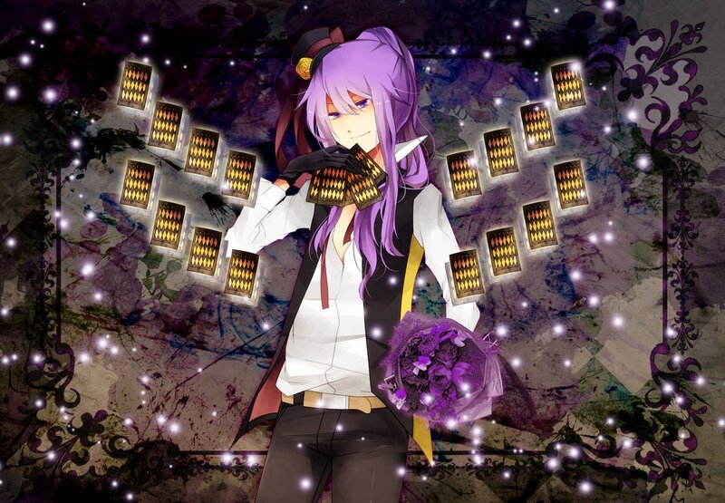 purple-haired anime character with cards