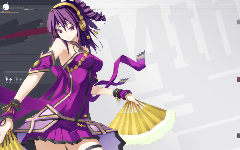 purple-haired anime character with fans