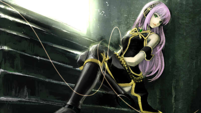 purple-haired anime character with headphones
