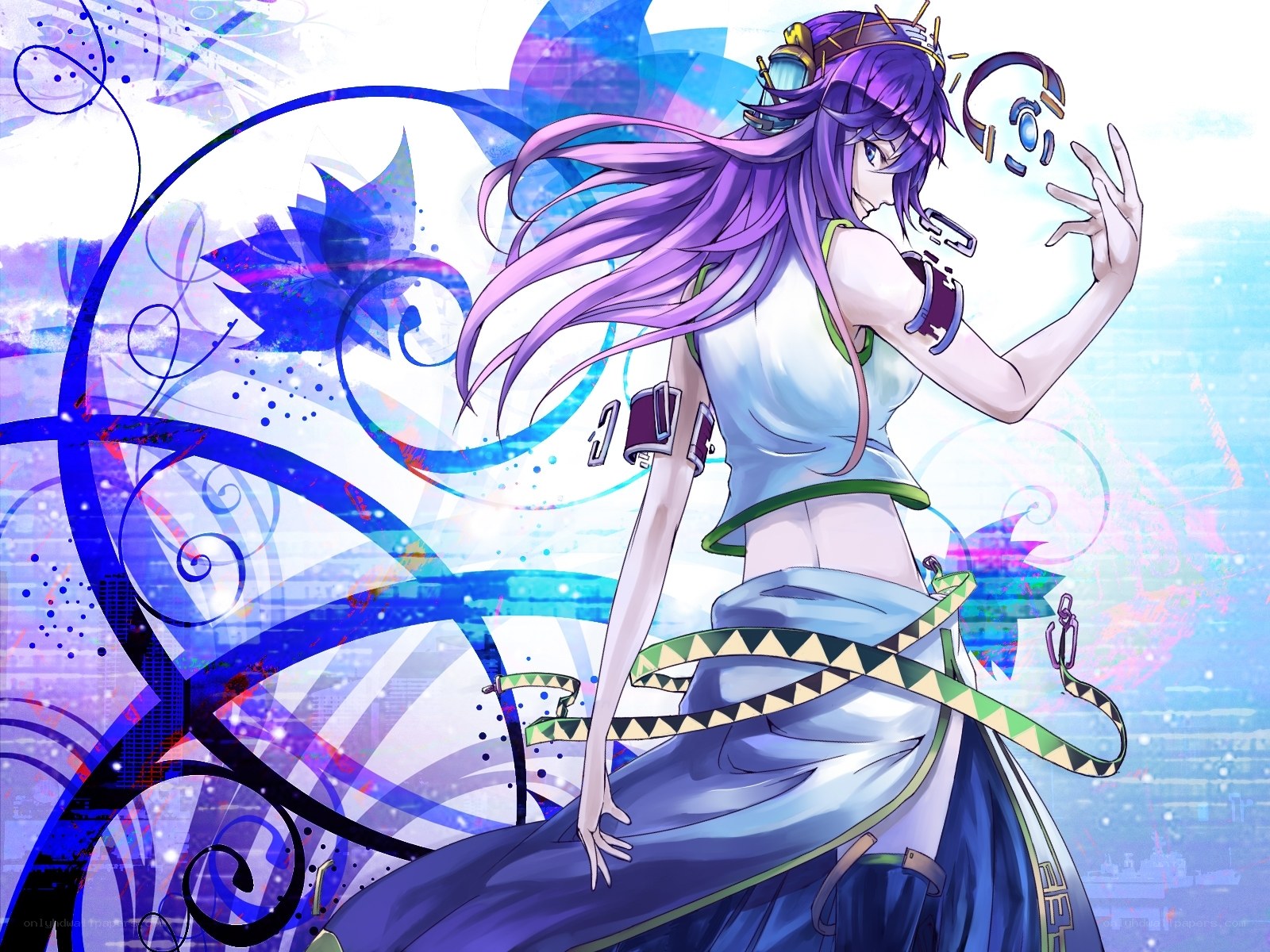purple-haired anime character with headphones