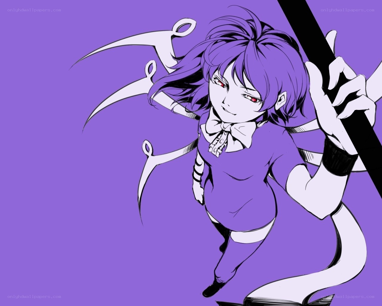 purple-haired anime character with weapons