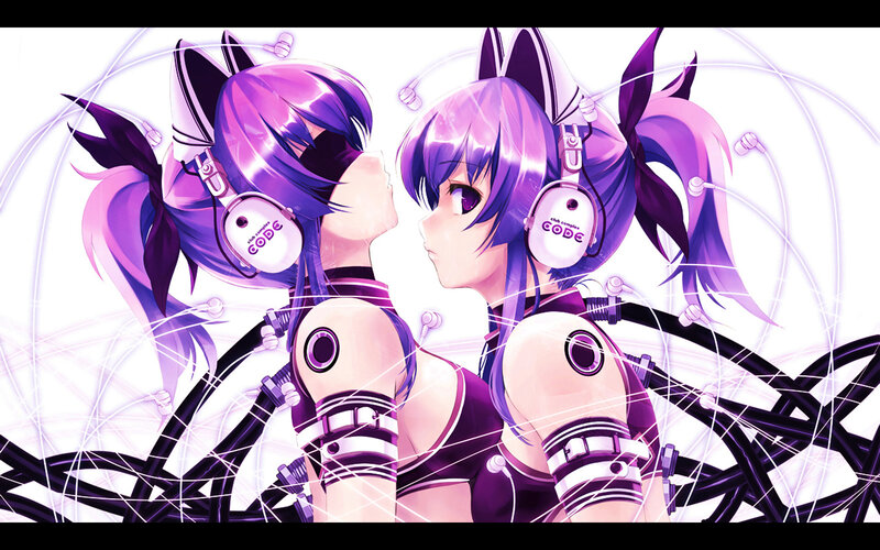 purple-haired anime duo with headphones