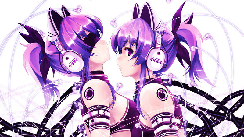 purple-haired anime duo with headphones
