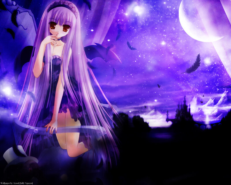 purple-haired anime girl at night