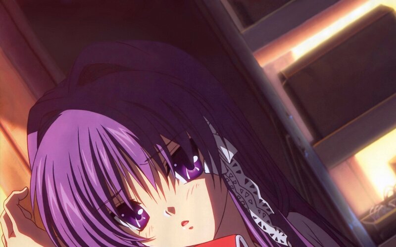 purple-haired anime girl close-up