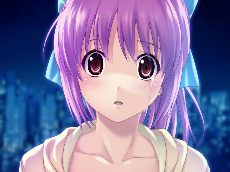 purple-haired anime girl crying