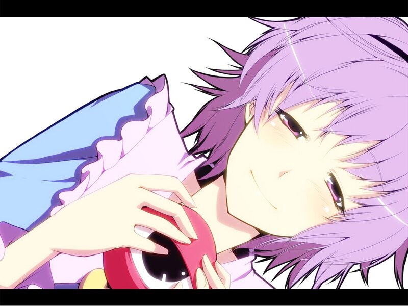 purple-haired anime girl holding a plush