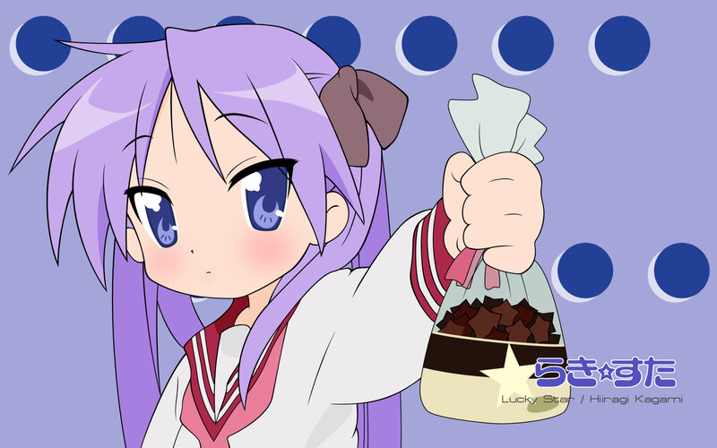 purple-haired anime girl holding snack bag