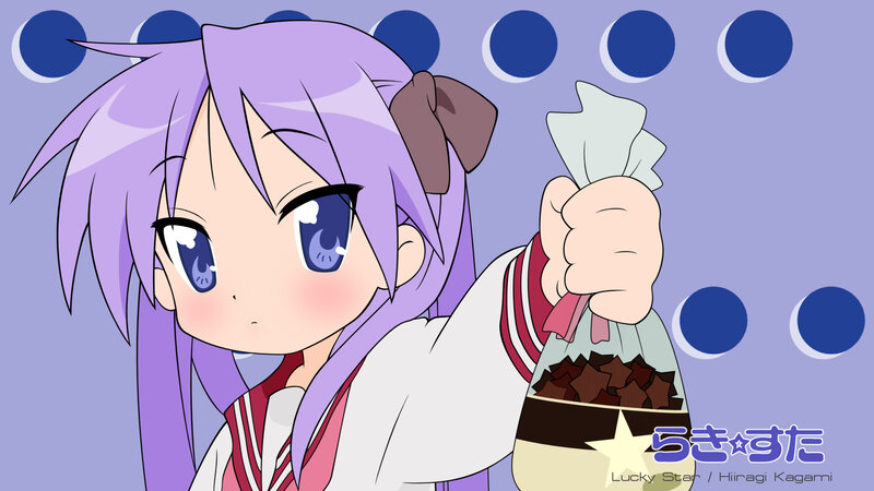 purple-haired anime girl holding snacks