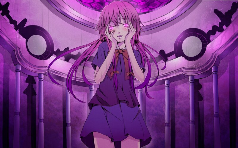 purple-haired anime girl in a cathedral