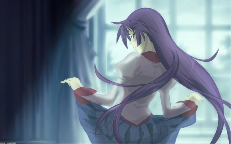 purple-haired anime girl in a room