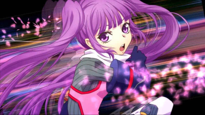 purple-haired anime girl in action