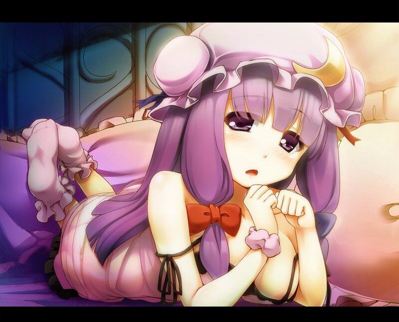 purple-haired anime girl in bed