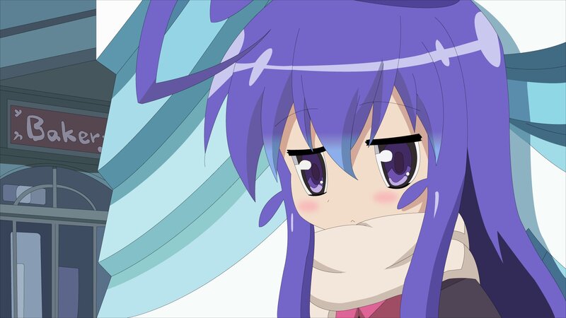 purple-haired anime girl in city