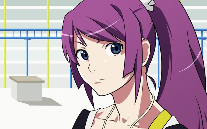 purple-haired anime girl in gym