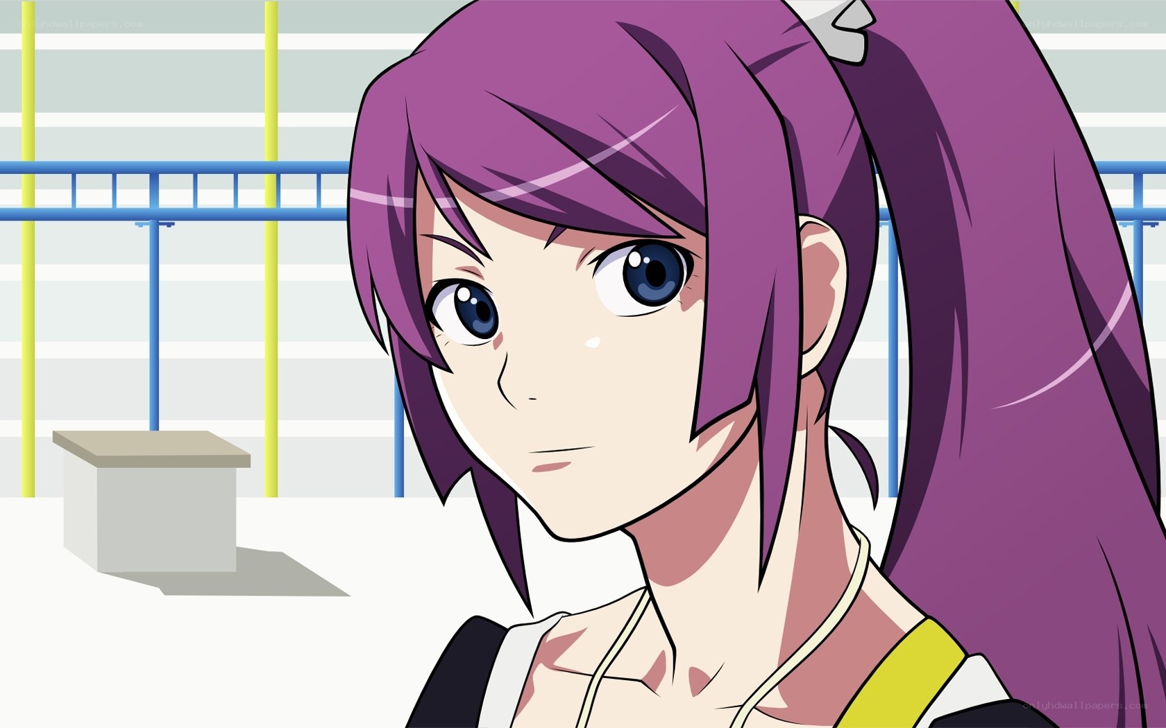 purple-haired anime girl in gym