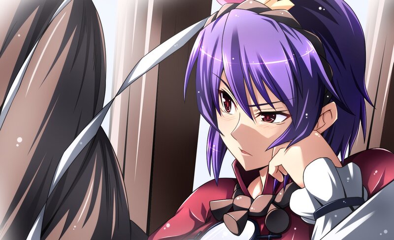 purple-haired anime girl in red dress