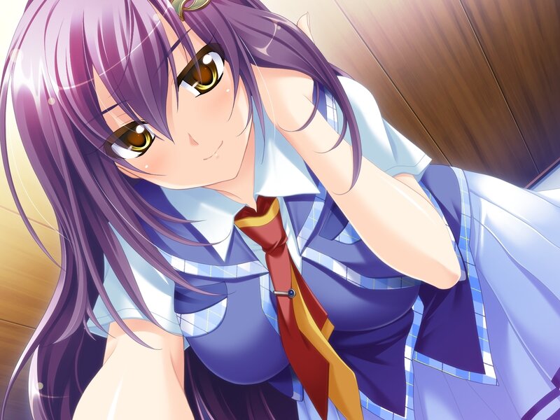 purple-haired anime girl in school uniform