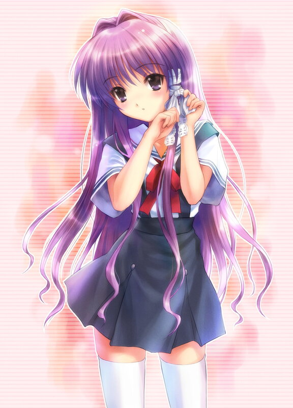 purple-haired anime girl in school uniform