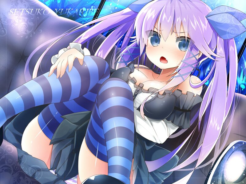 purple-haired anime girl in striped stockings