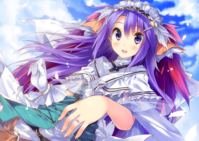 purple-haired anime girl in white dress
