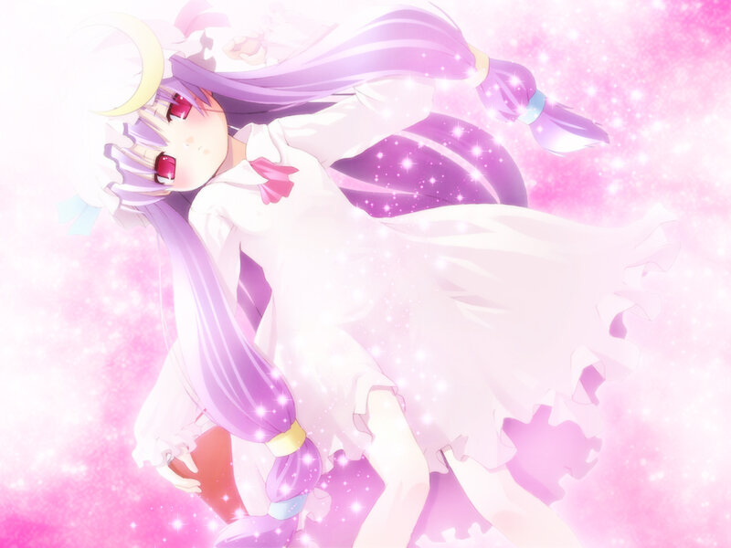 purple-haired anime girl in white dress