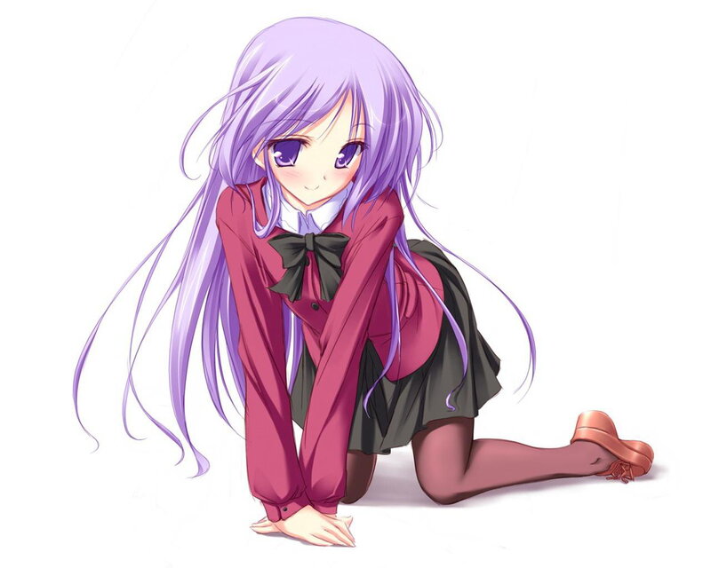 purple-haired anime girl kneeling