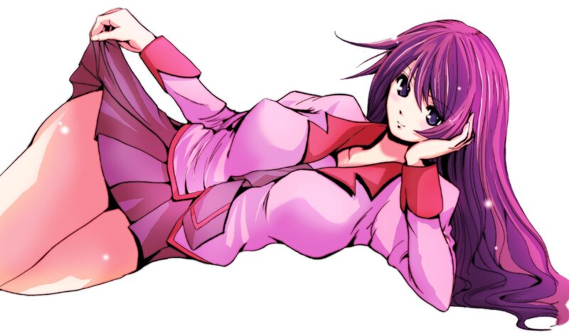 purple-haired anime girl lying down