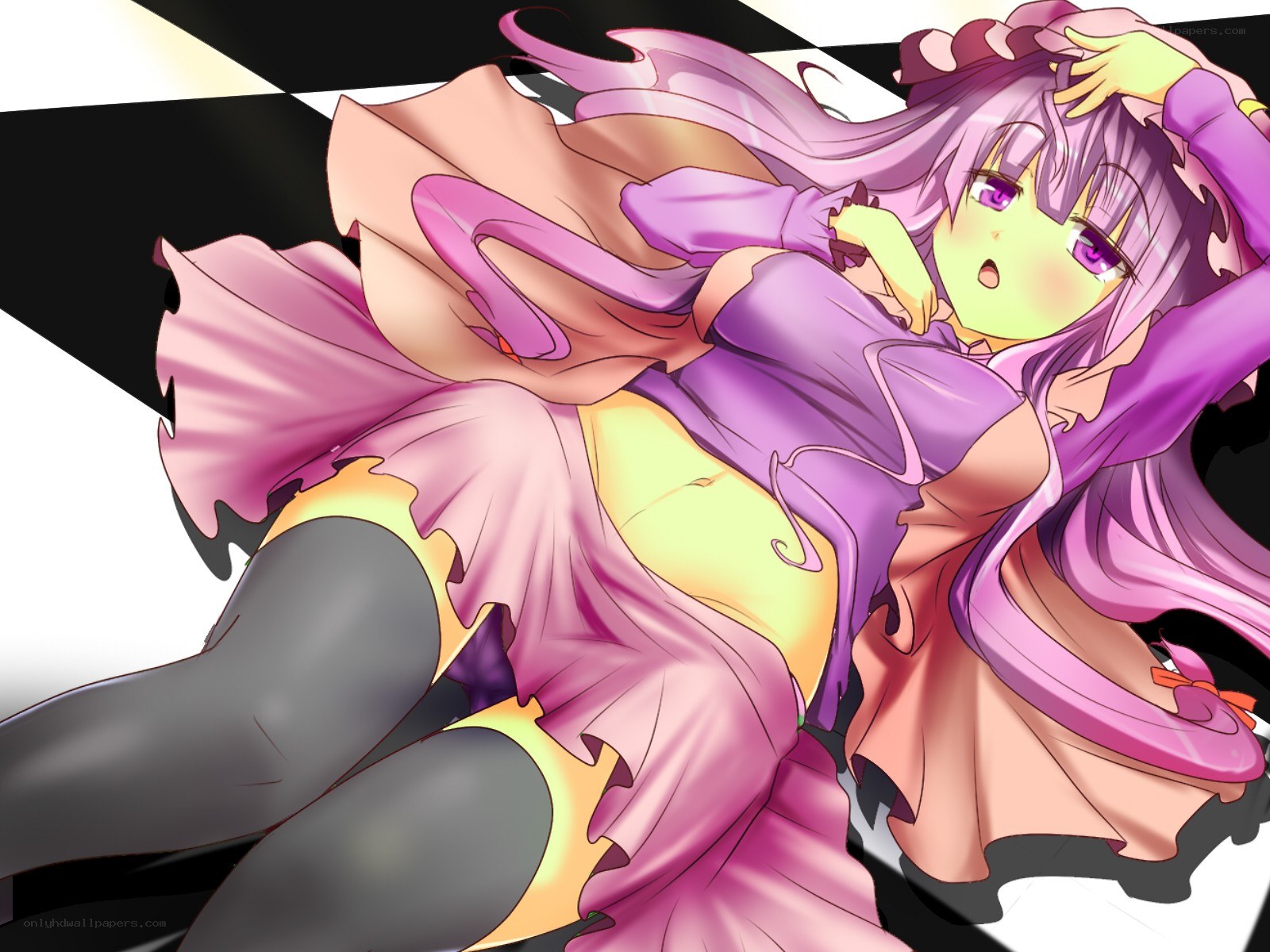 purple-haired anime girl lying down