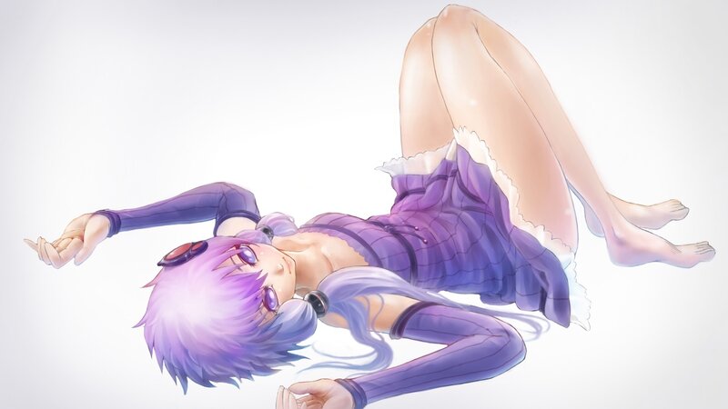 purple-haired anime girl lying down