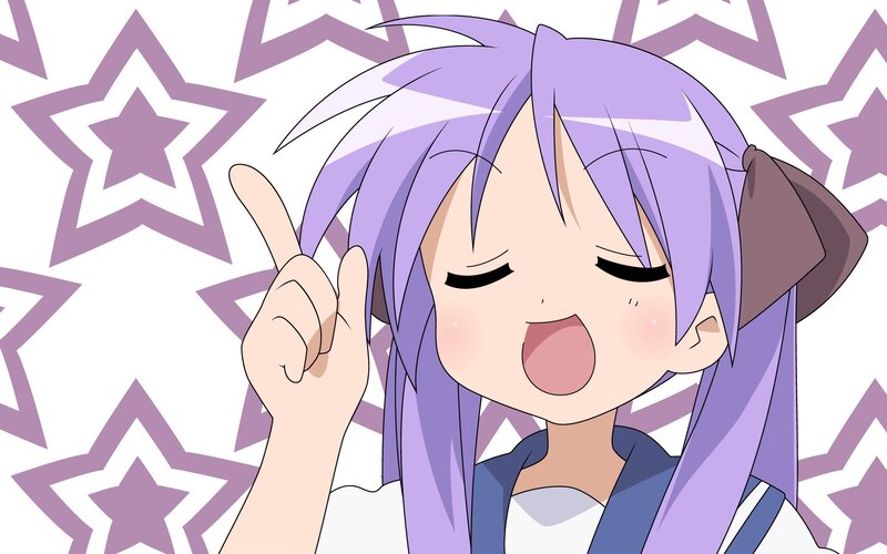 purple-haired anime girl making a peace sign