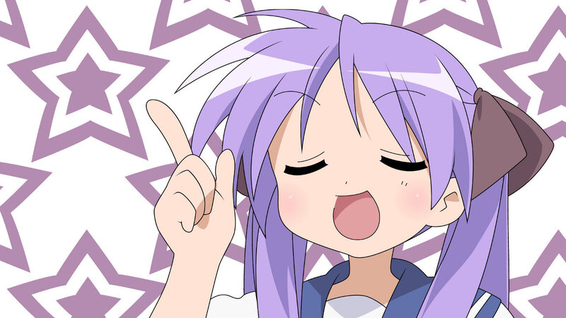purple-haired anime girl making a peace sign