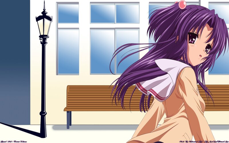 purple-haired anime girl on bench