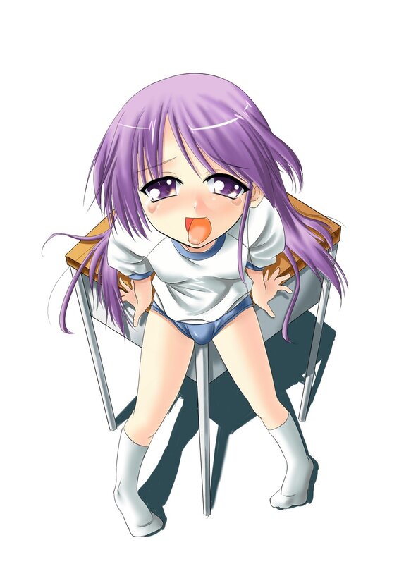 purple-haired anime girl on desk