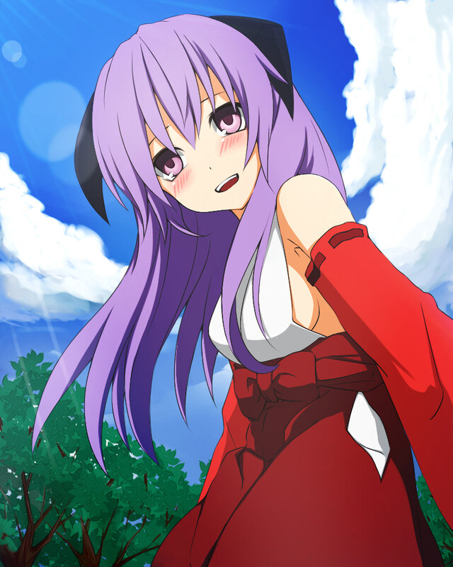 purple-haired anime girl outdoors