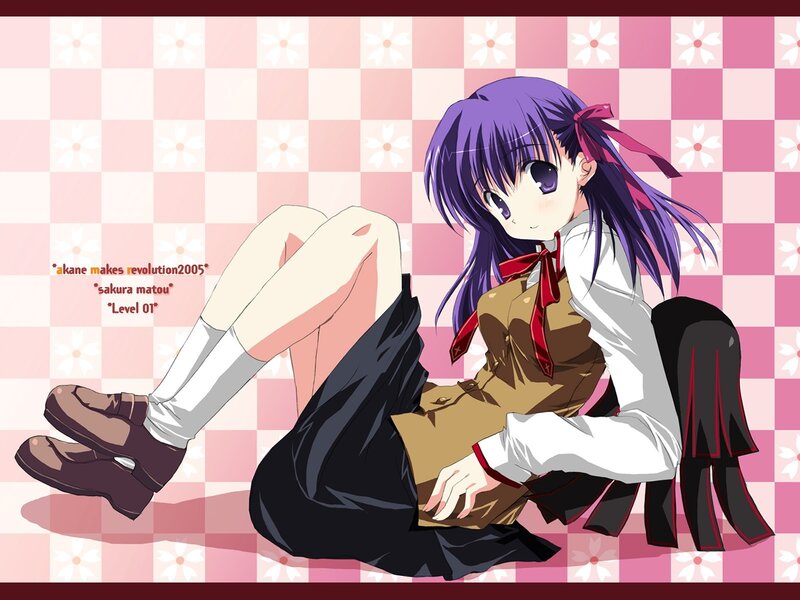 Purple-haired Anime Girl — Pink, Calm, School Uniform, Checkered Background
