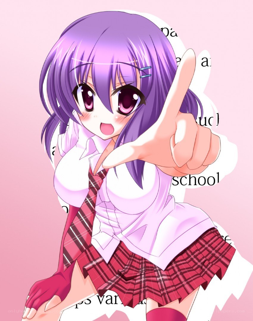 purple-haired anime girl pointing