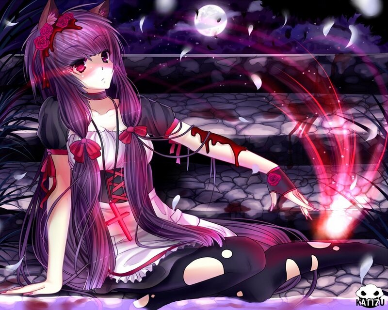 Purple-haired Anime Girl — Purple, Dramatic, Night, Cat Ears