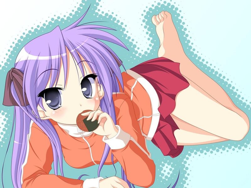 Purple-haired Anime Girl — Purple, Playful, Eating Cookie