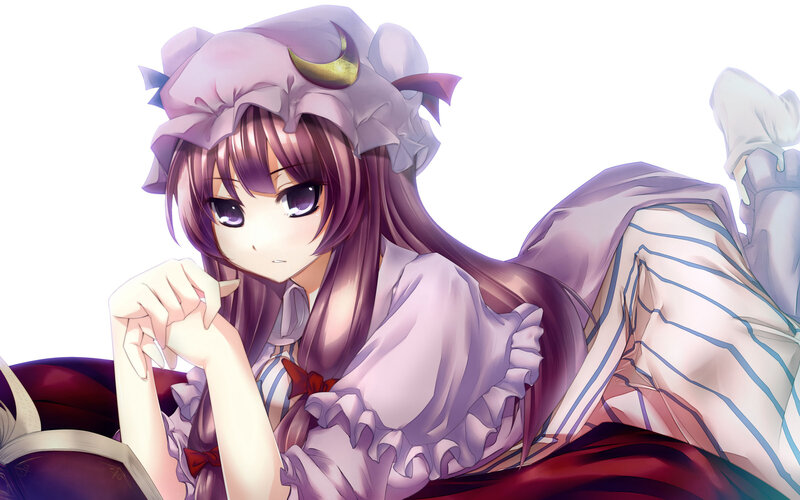 purple-haired anime girl reading