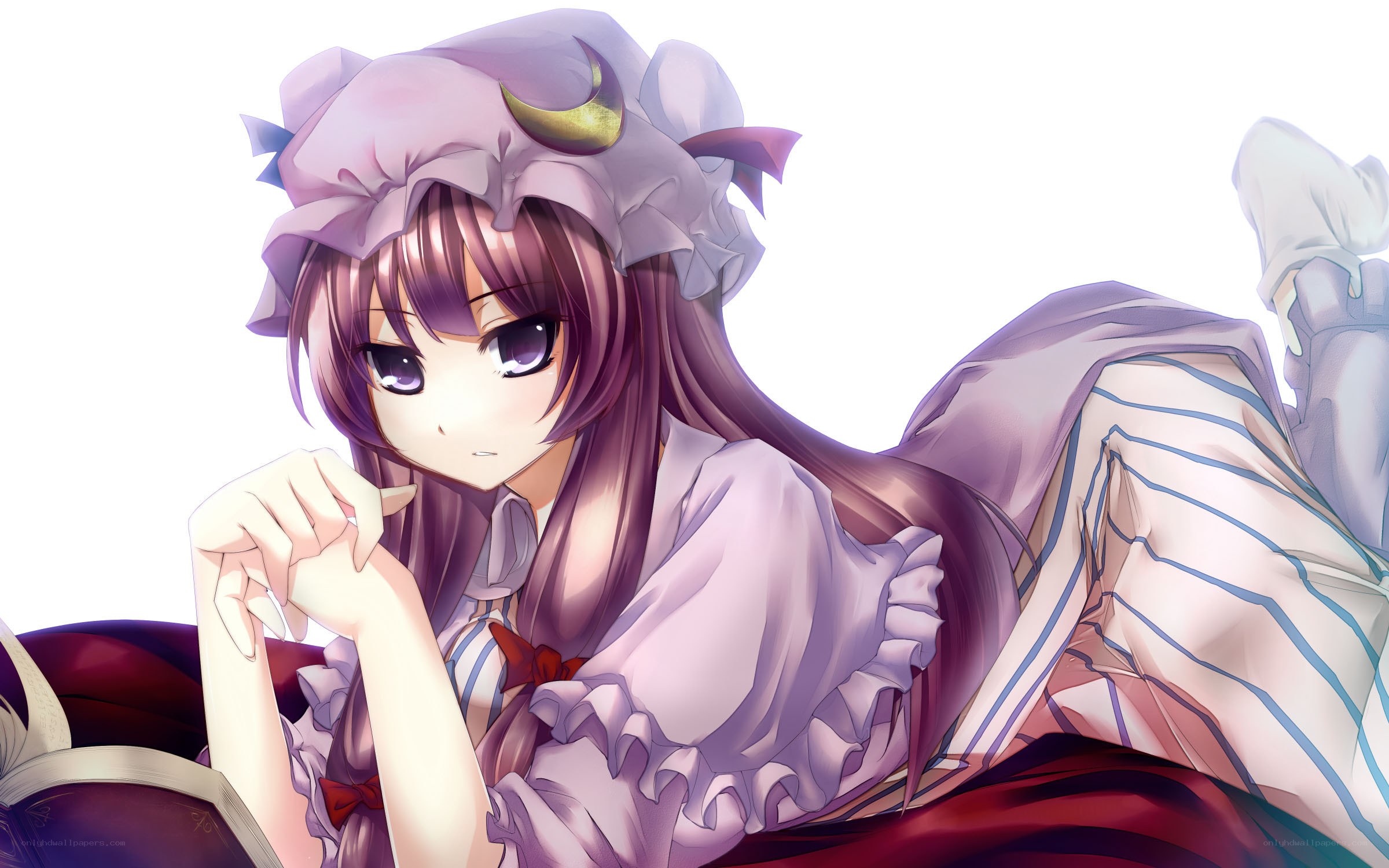 purple-haired anime girl reading