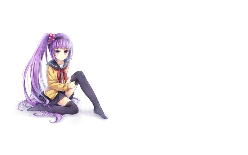 purple-haired anime girl sitting