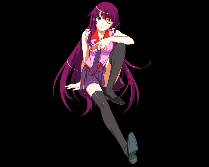 purple-haired anime girl sitting