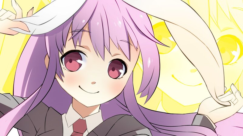 purple-haired anime girl smiling
