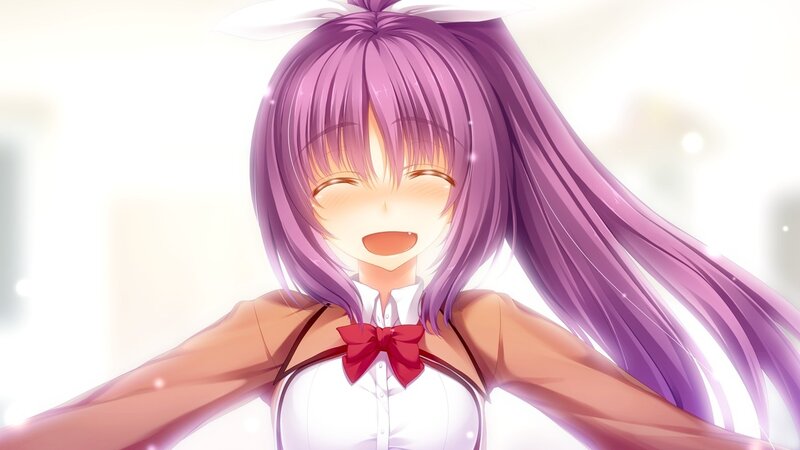 purple-haired anime girl smiling
