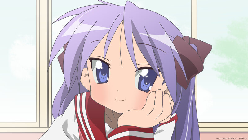 purple-haired anime girl smiling