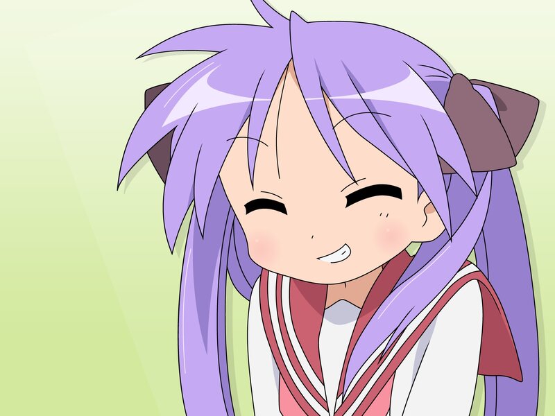 purple-haired anime girl smiling