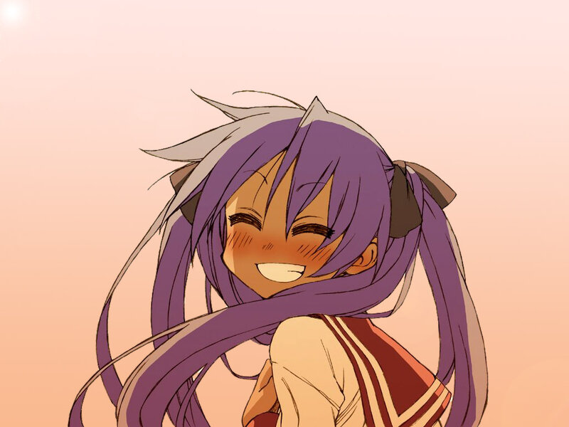 purple-haired anime girl smiling