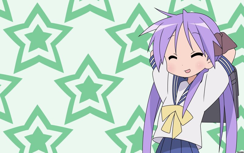purple-haired anime girl smiling